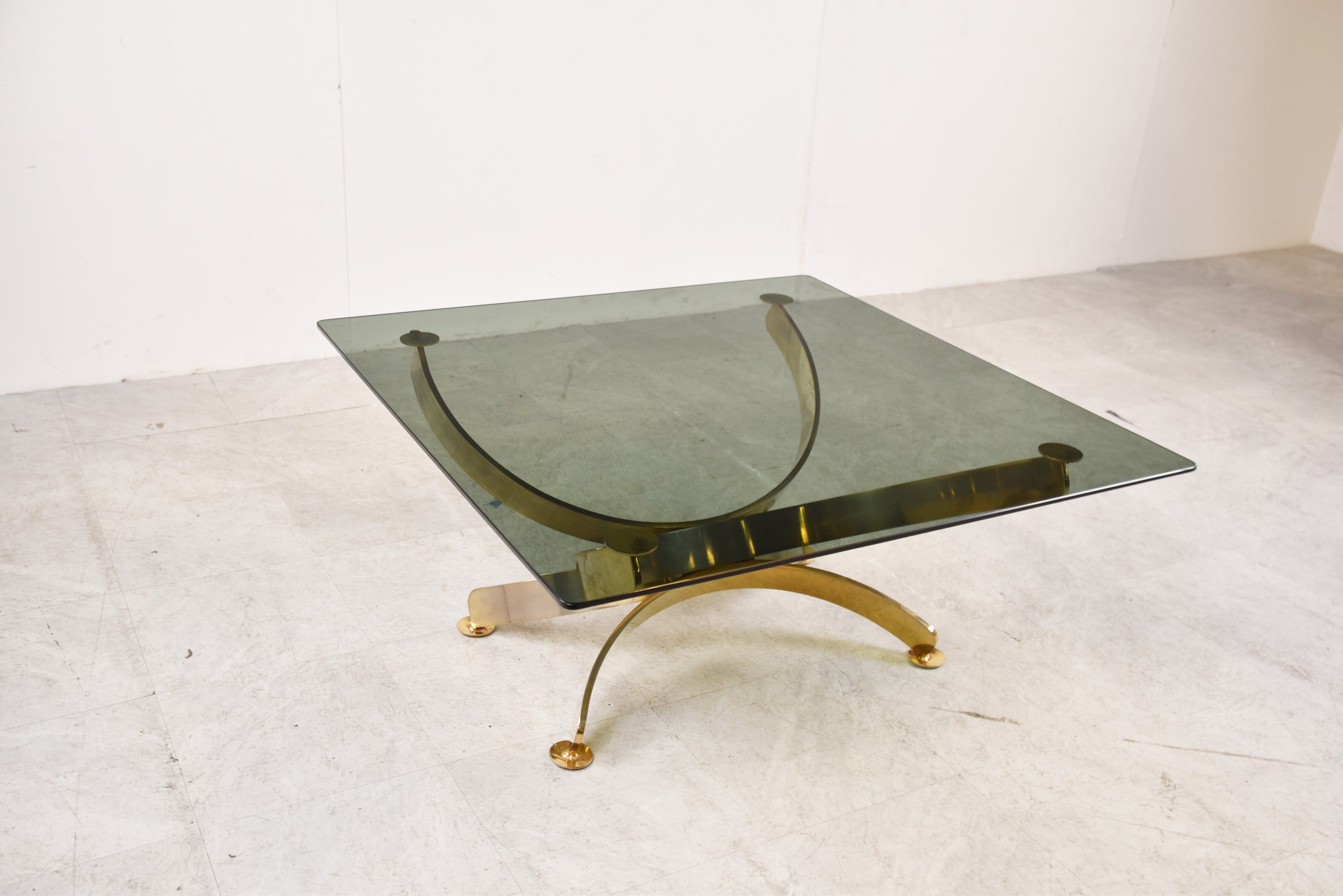 Brass and smoked glass italian coffee table, 1970s