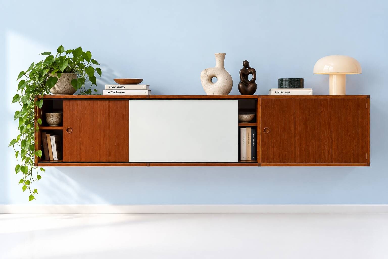 A.R.P. – Wall-mounted furniture in teak and opaline glass, 1950s