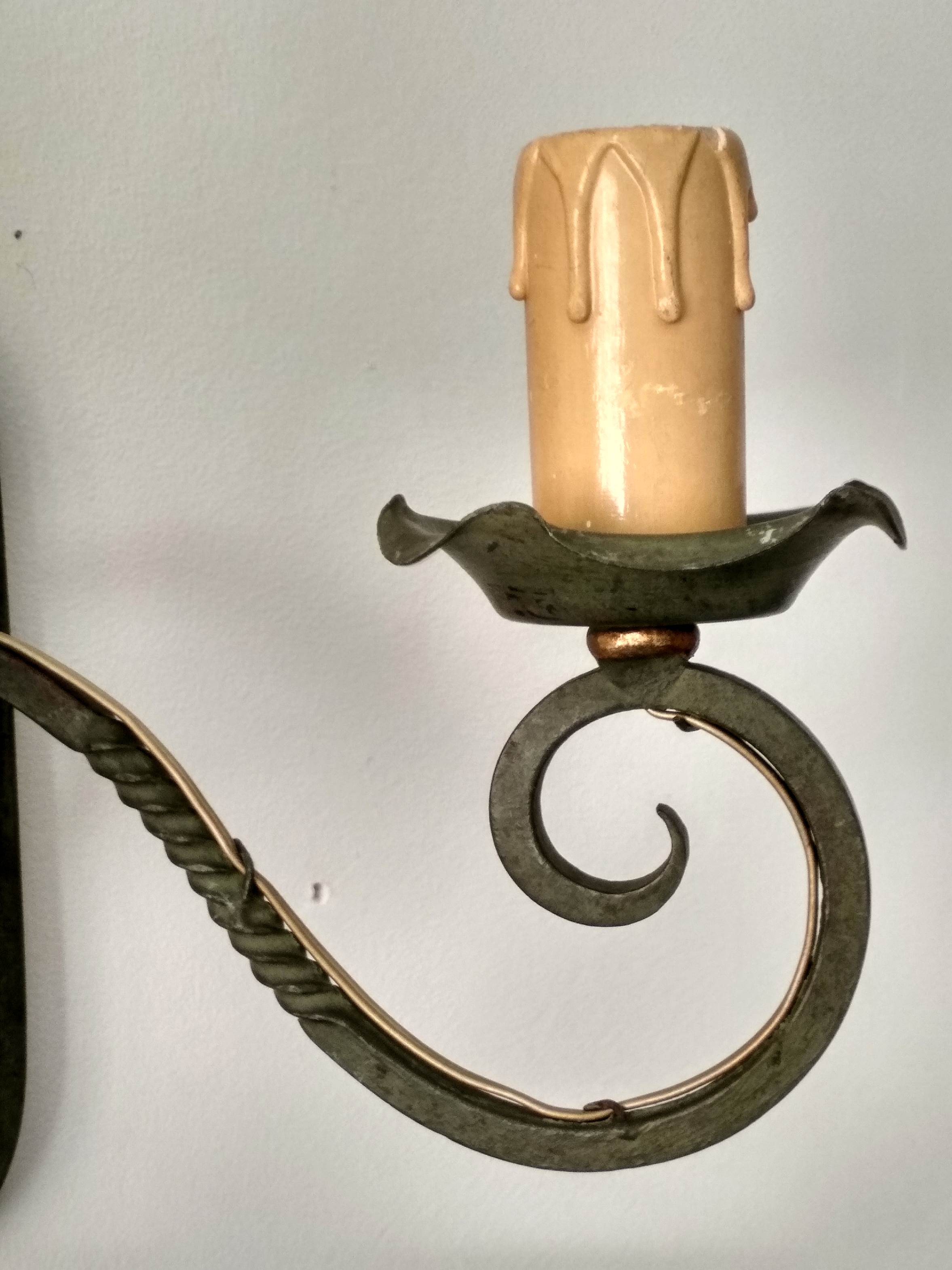 Pair of old wrought iron sconces patina green and gold - 2 lights