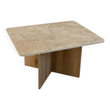 Rectangular coffee table in travertine and raw oak.