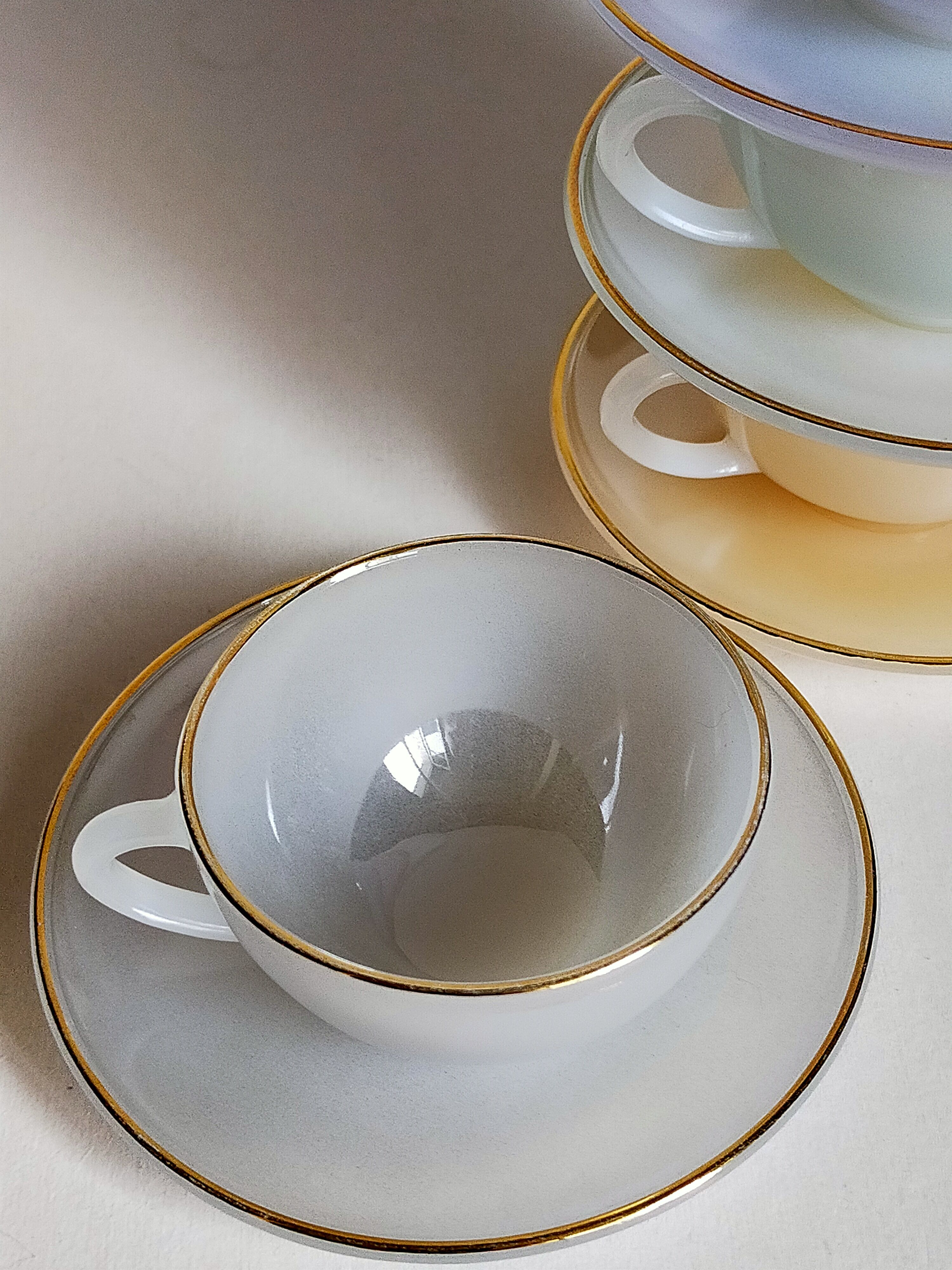 Six vintage iridescent pastel arcopal opaline cups