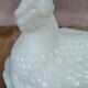 Hen on white opaline glass basket – marked Sv