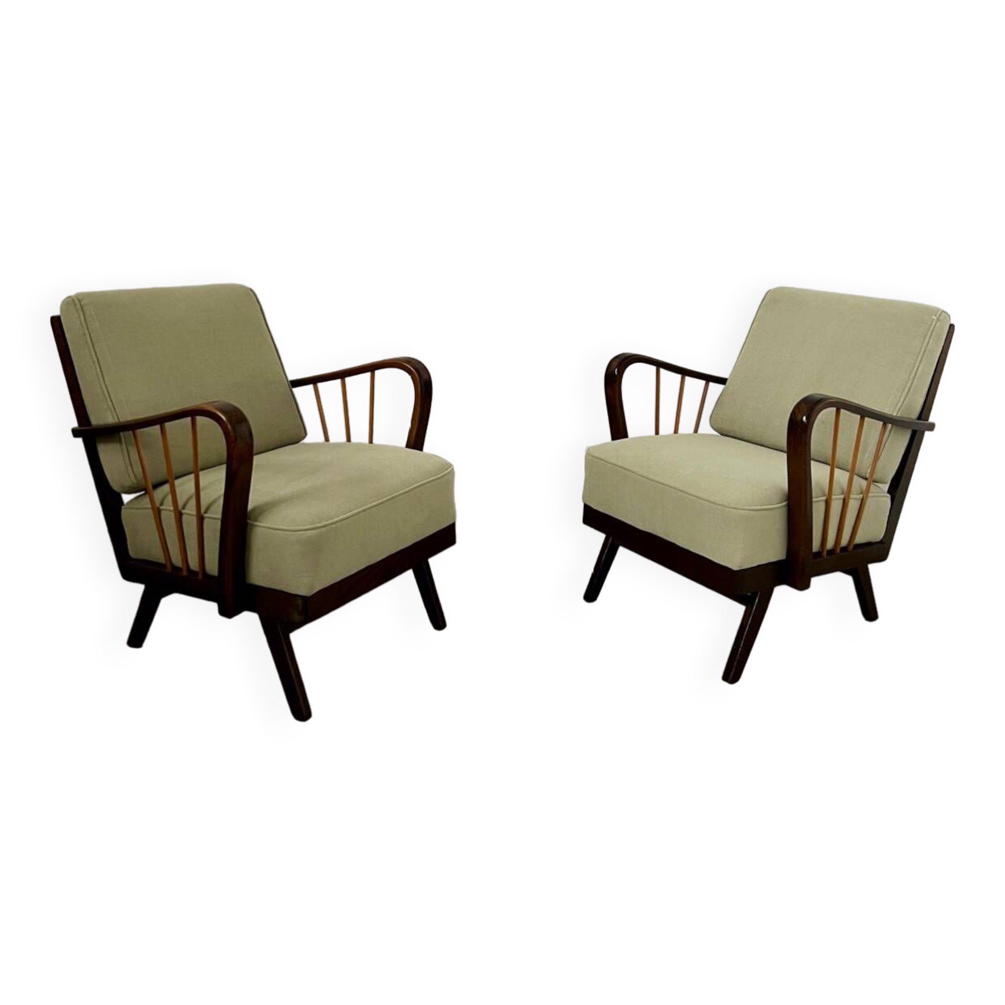 Set 2 old designer fireside chairs from the 50s wood and vintage fabric