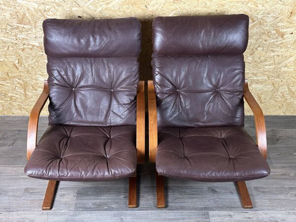 2x 60s 70s Easy Chair Leather Armchairs Westnofa Norway Mid Century
