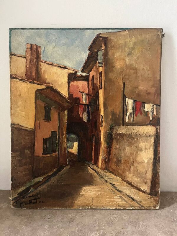 Scène de rue, Ollioules Provence, huile sur toile signée M de Mont, 1932