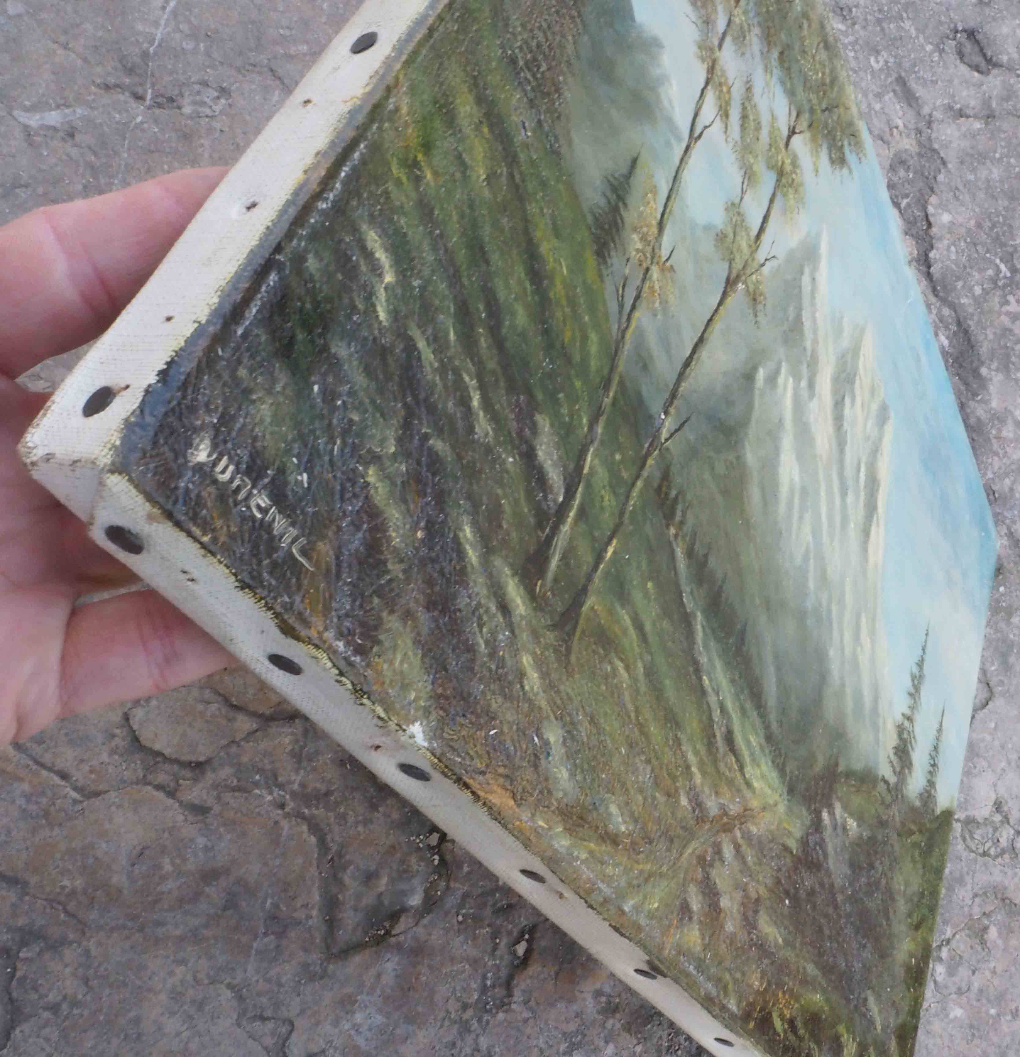 Mountain painting with path between trees signed Dumenil