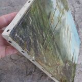 Mountain painting with path between trees signed Dumenil