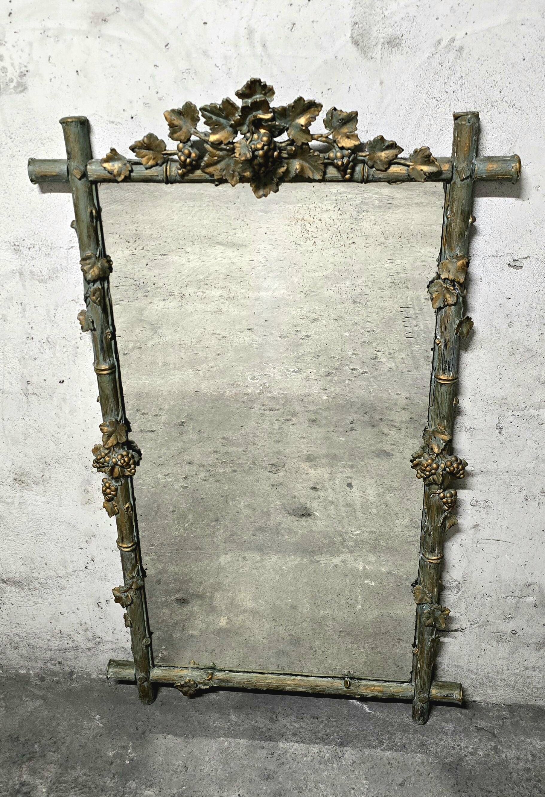 Large Wood and Patinated Stucco Mirror - Floral 1900s Period