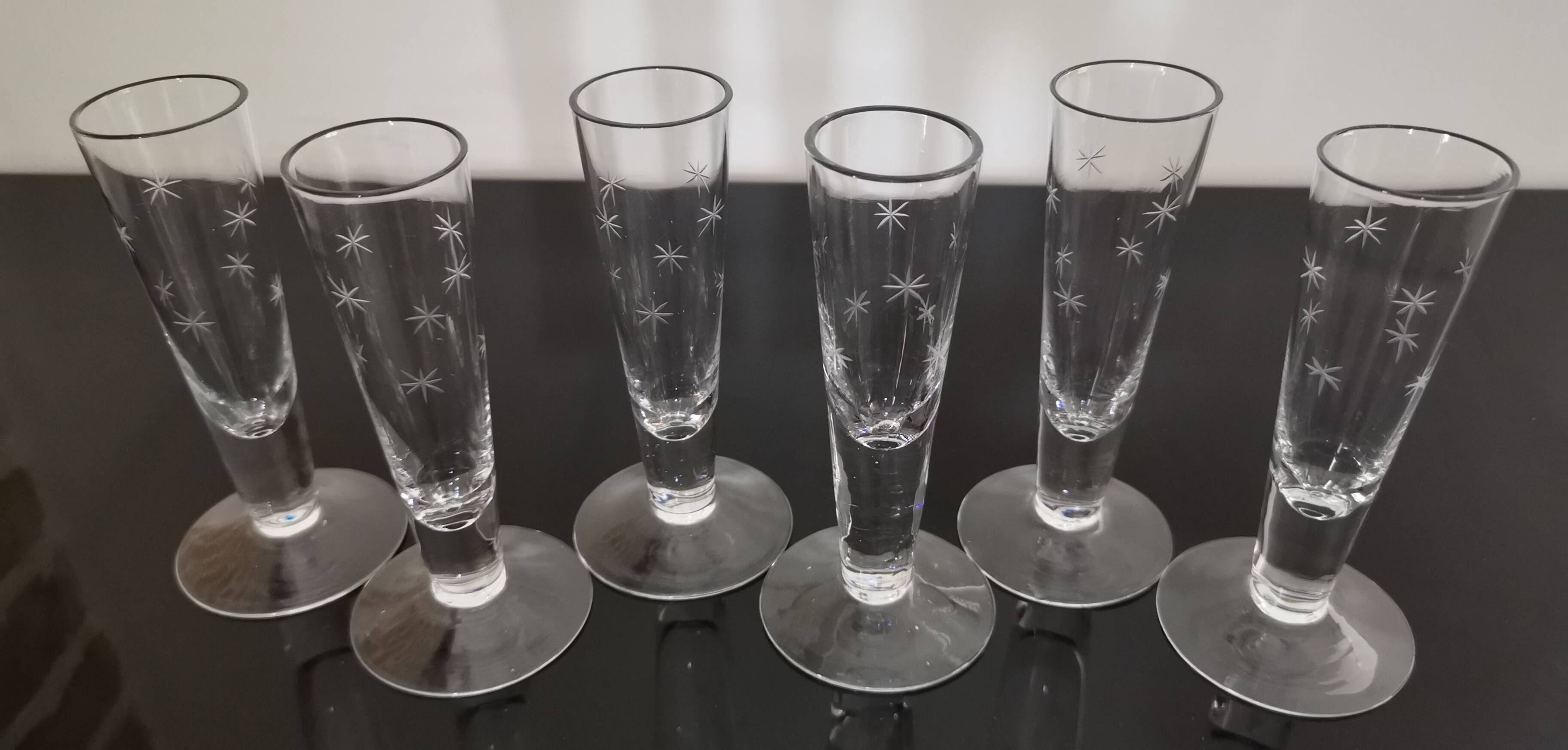 6 small antique hand-blown crystal flutes