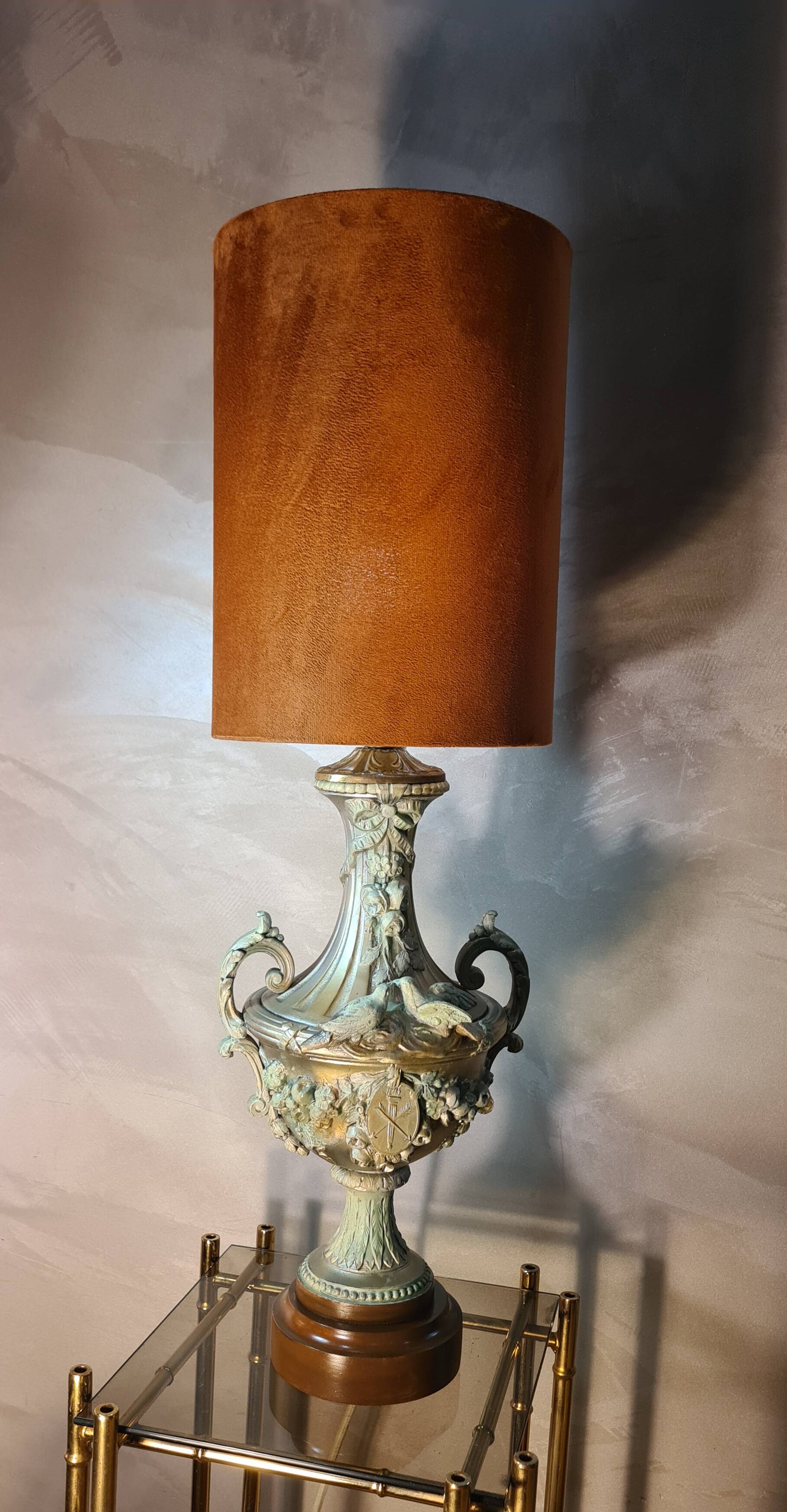 Vintage rococo style lamp, regency, regule steel patinated velvet lampshade 66x20