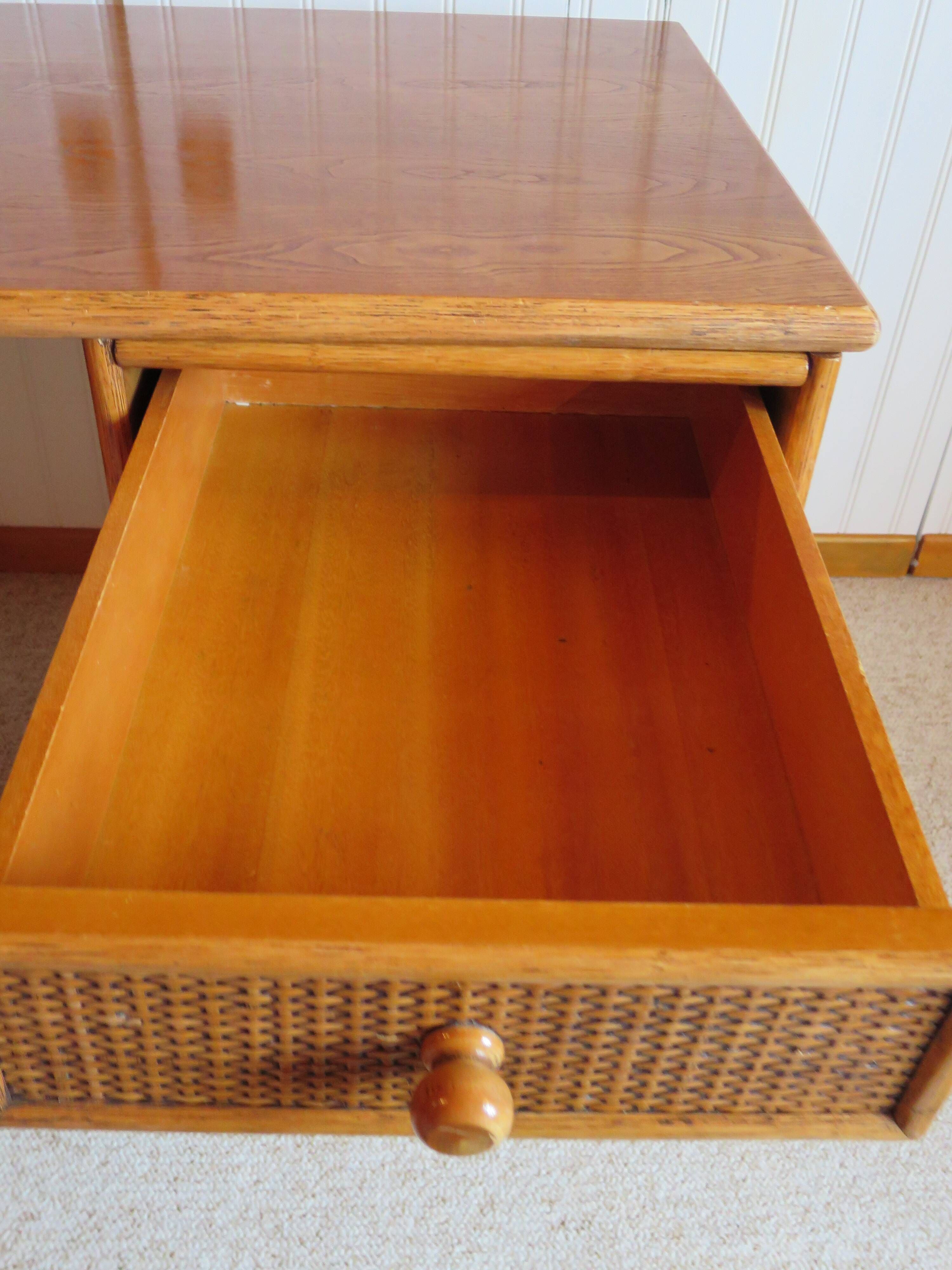 Rare vintage desk Ash and woven rattan - Large top - 6 drawers - Functional desk