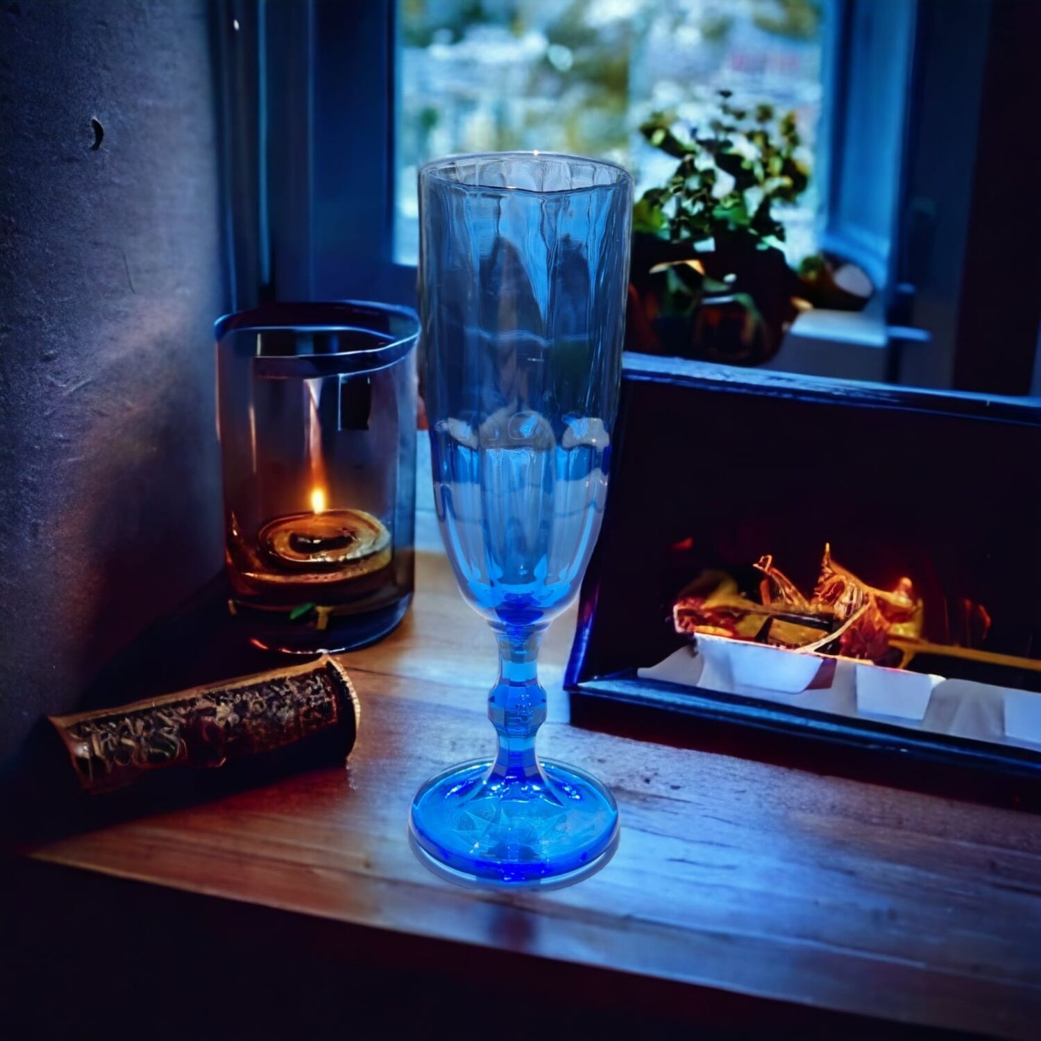 6 cobalt crystal blue champagne flutes