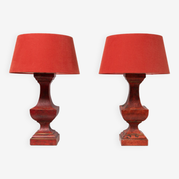 Pair French red gesso timber table lamps with red shade.