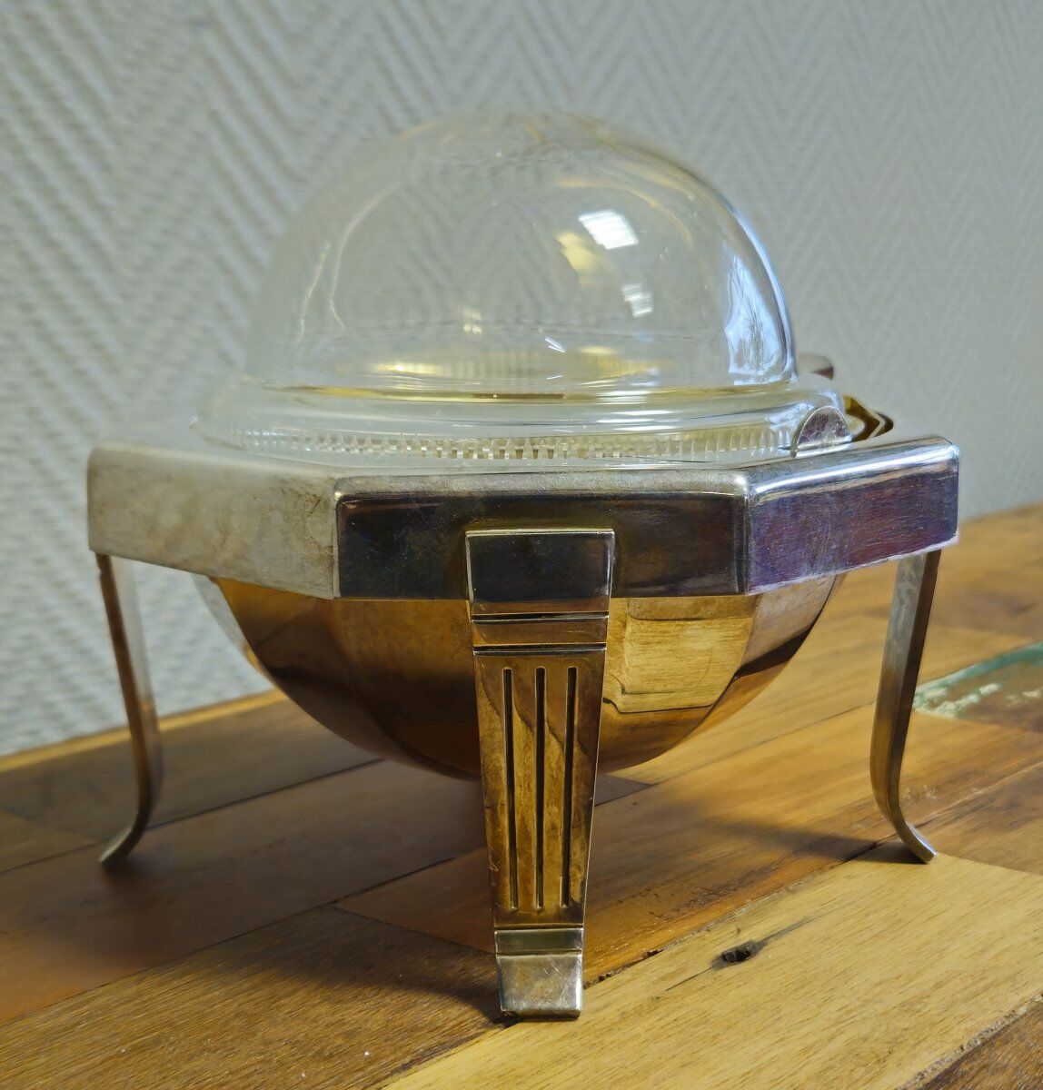 Art Deco caviar bowl in silver-plated metal and glass – 1930s