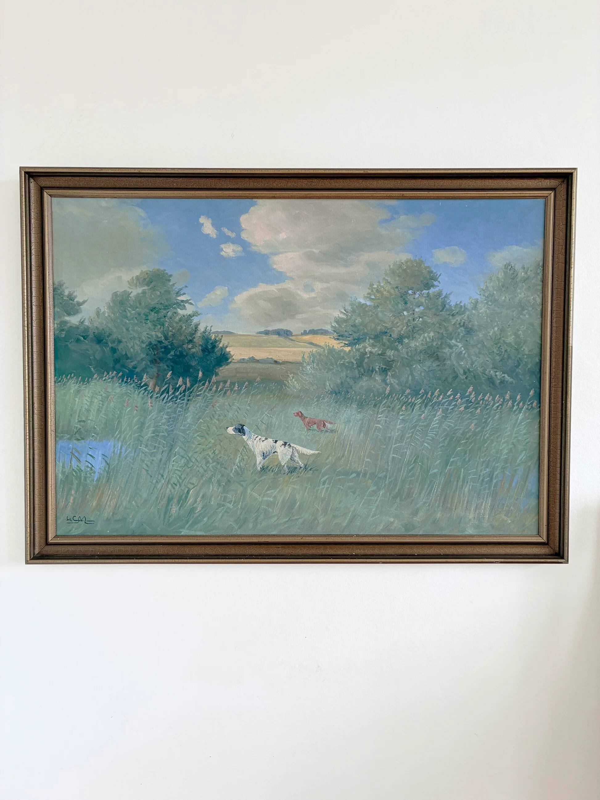 Large vintage original landscape dog oil painting