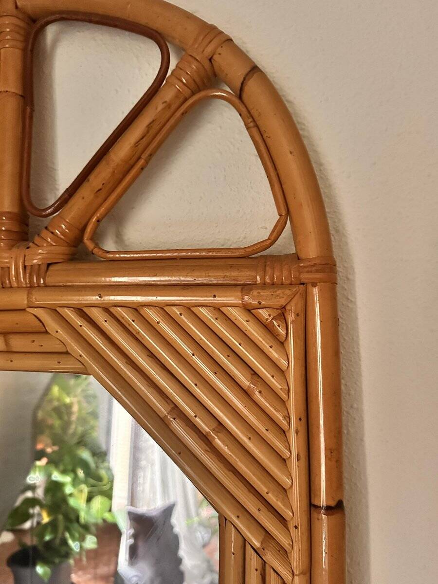 Curved half-moon console in rattan and bamboo with mirror by Vivai del Sud, Italy, 1960s.