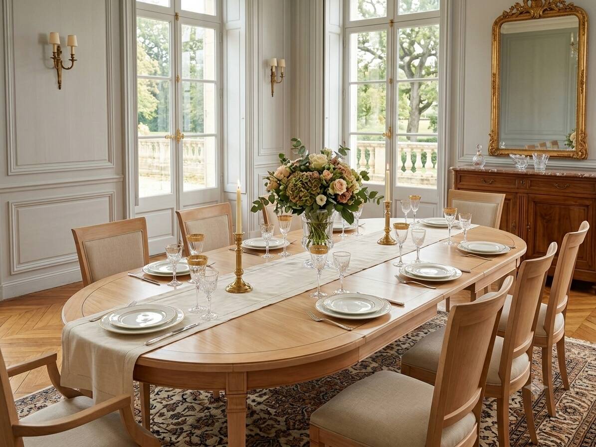 Table ronde extensible style Directoire rénovée en bois clair  avec 2 rallo