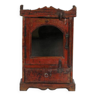 Massive Indian red display case, patinated bedside and original piece of teak wood