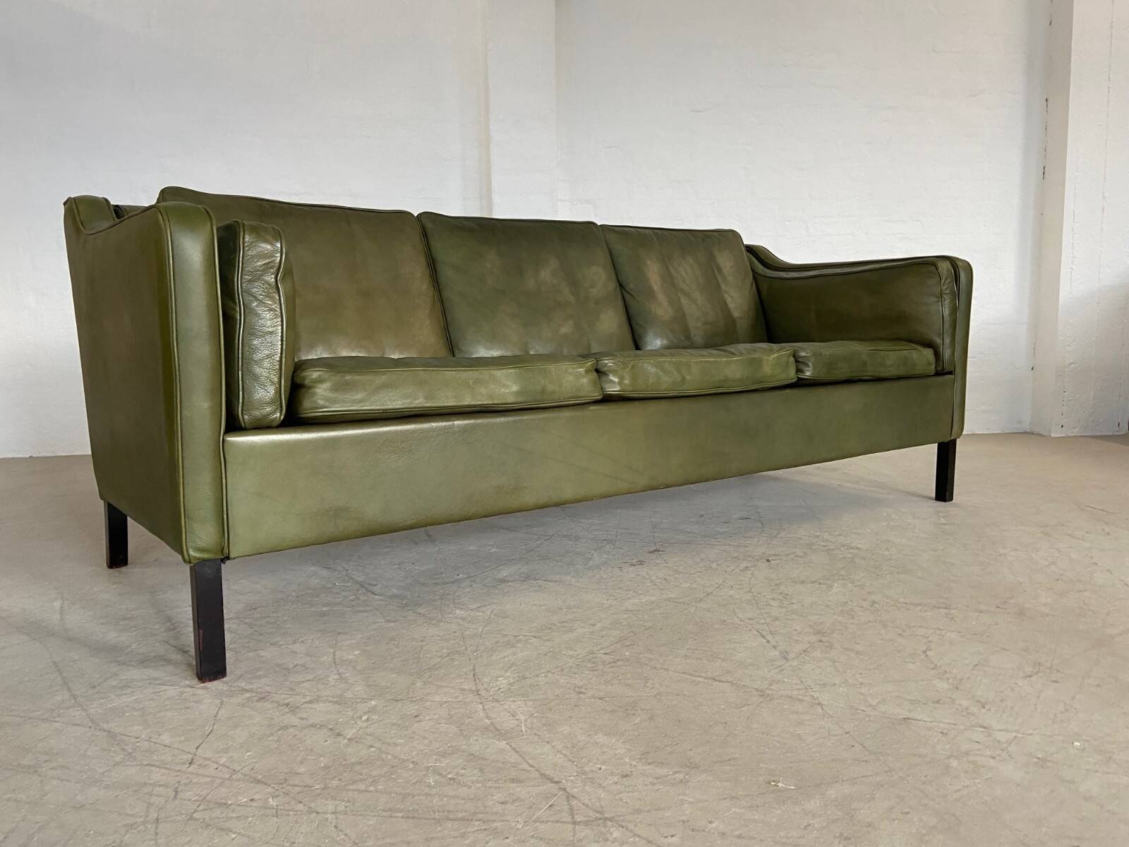 Canapé vintage danois Mogens Hansen en cuir vert olive des années 60