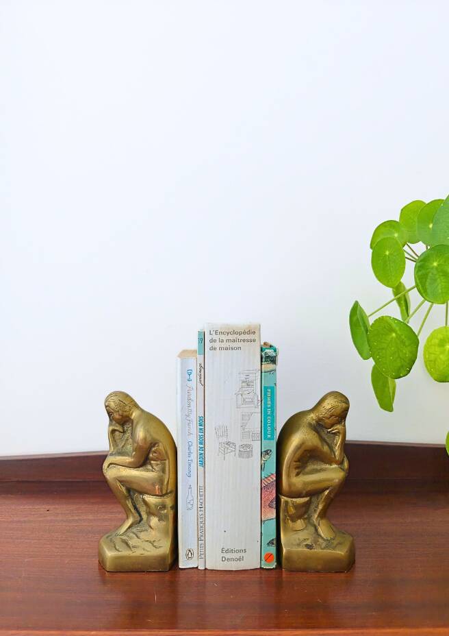 Pair of bookends The Thinker by Rodin in solid brass