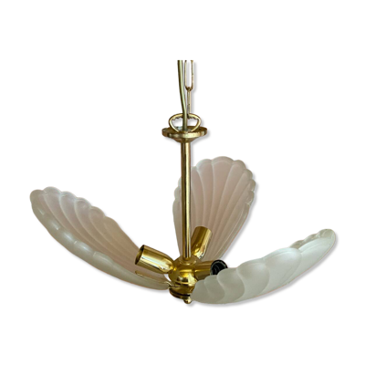 Suspension lustre ancien Murano coquillage verre poli + métal doré vintage