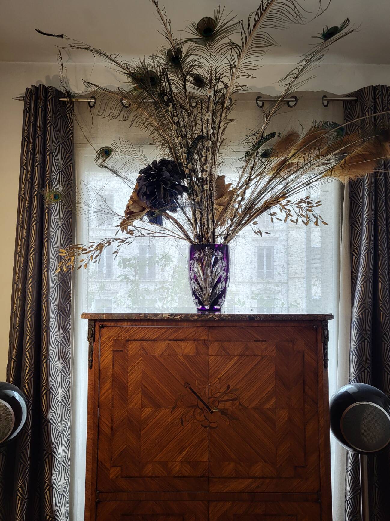 High sideboard in rosewood and marble slab, Louis XVI style, French