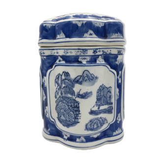 Ancient polylobe covered porcelain pot, landscape and flower decoration, China - 20th century