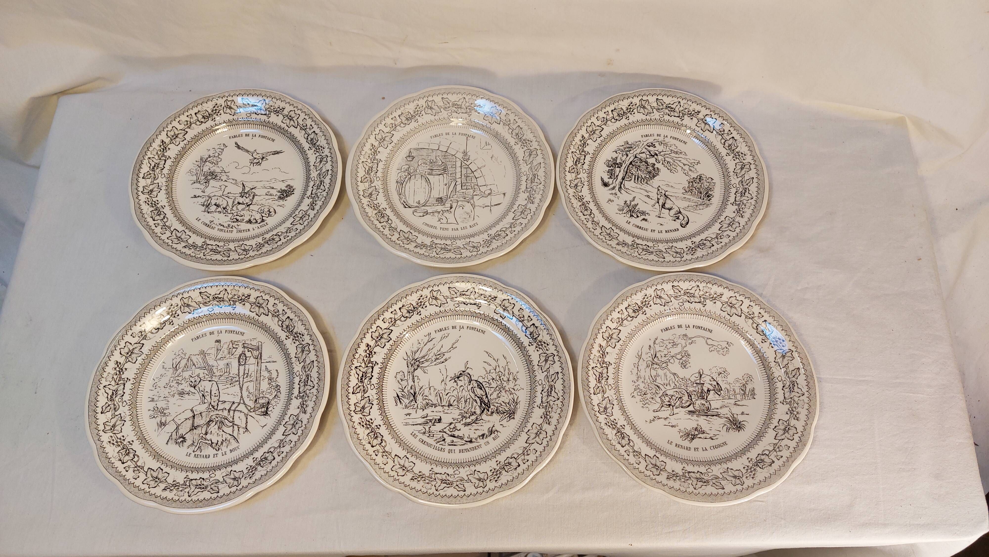 Series of 6 earthenware dessert plates by GIEN models Fables by Lafontaine