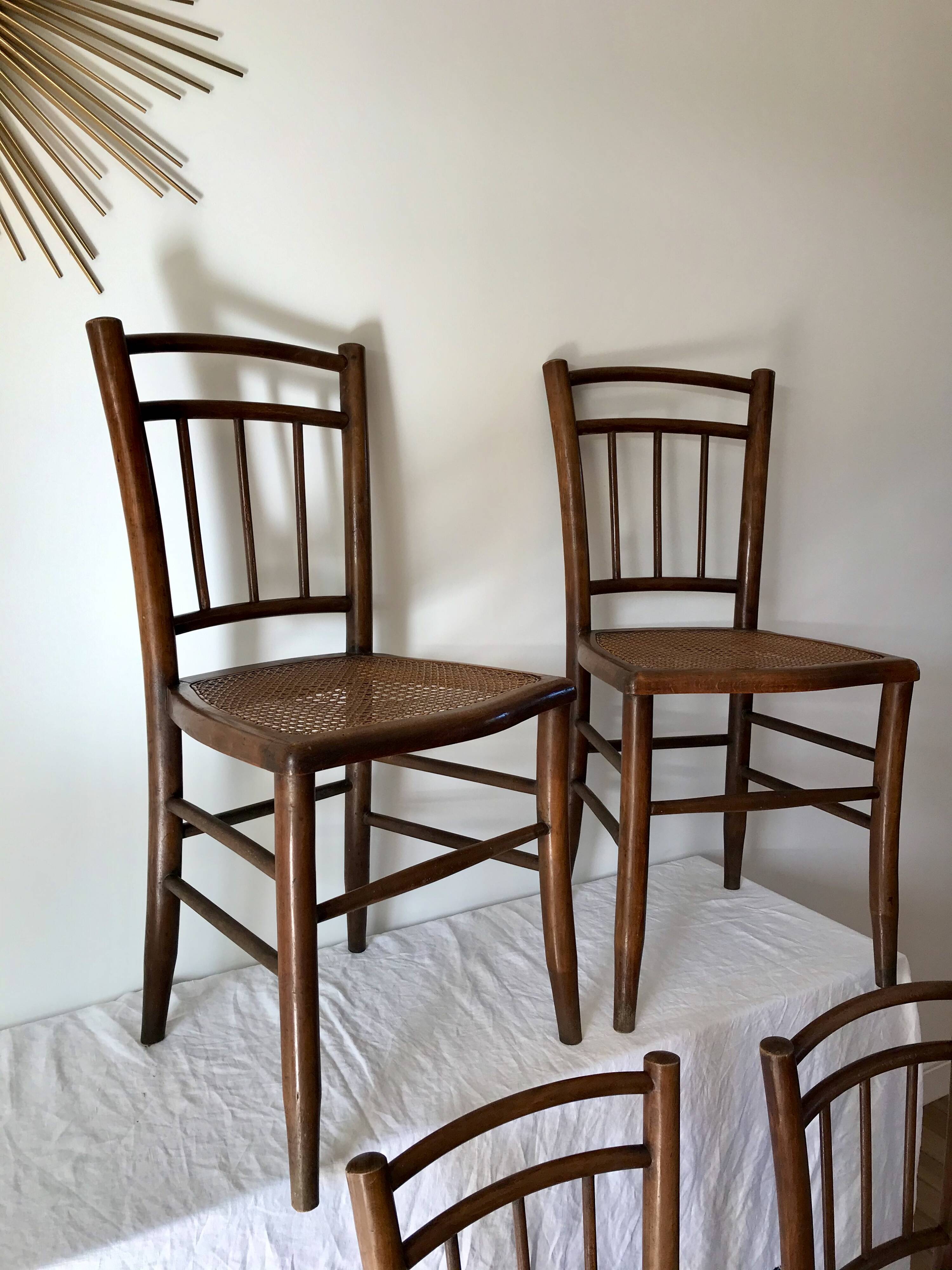 set of 4 bistro chairs in turned wood and canework stamped early 20th century