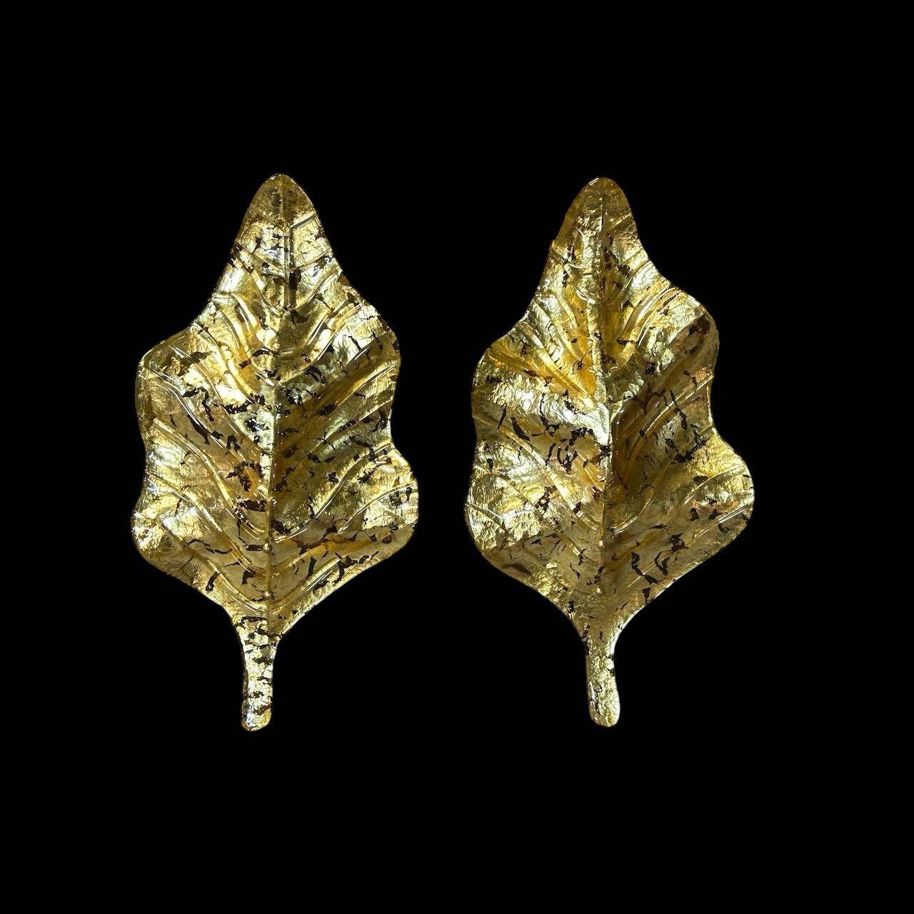 Large Pair of Murano Gilded Glass Leaf Wall Lights - Italy Circa 1980 H 67 cm