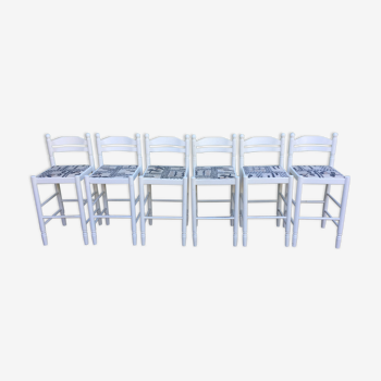Vintage high chairs in white lacquered beech with fabric seats