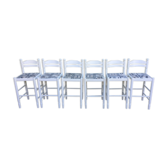 Vintage high chairs in white lacquered beech with fabric seats