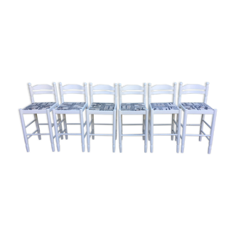 Chaises vintage hautes en hêtre laquées blanc avec assises en tissu