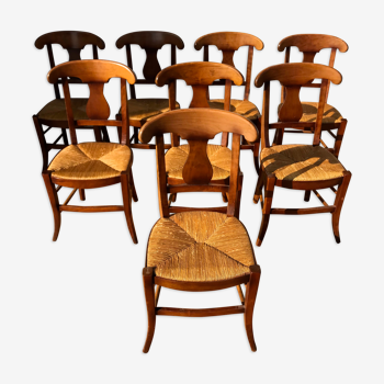 8 chaises paille et bois merisier style directoire