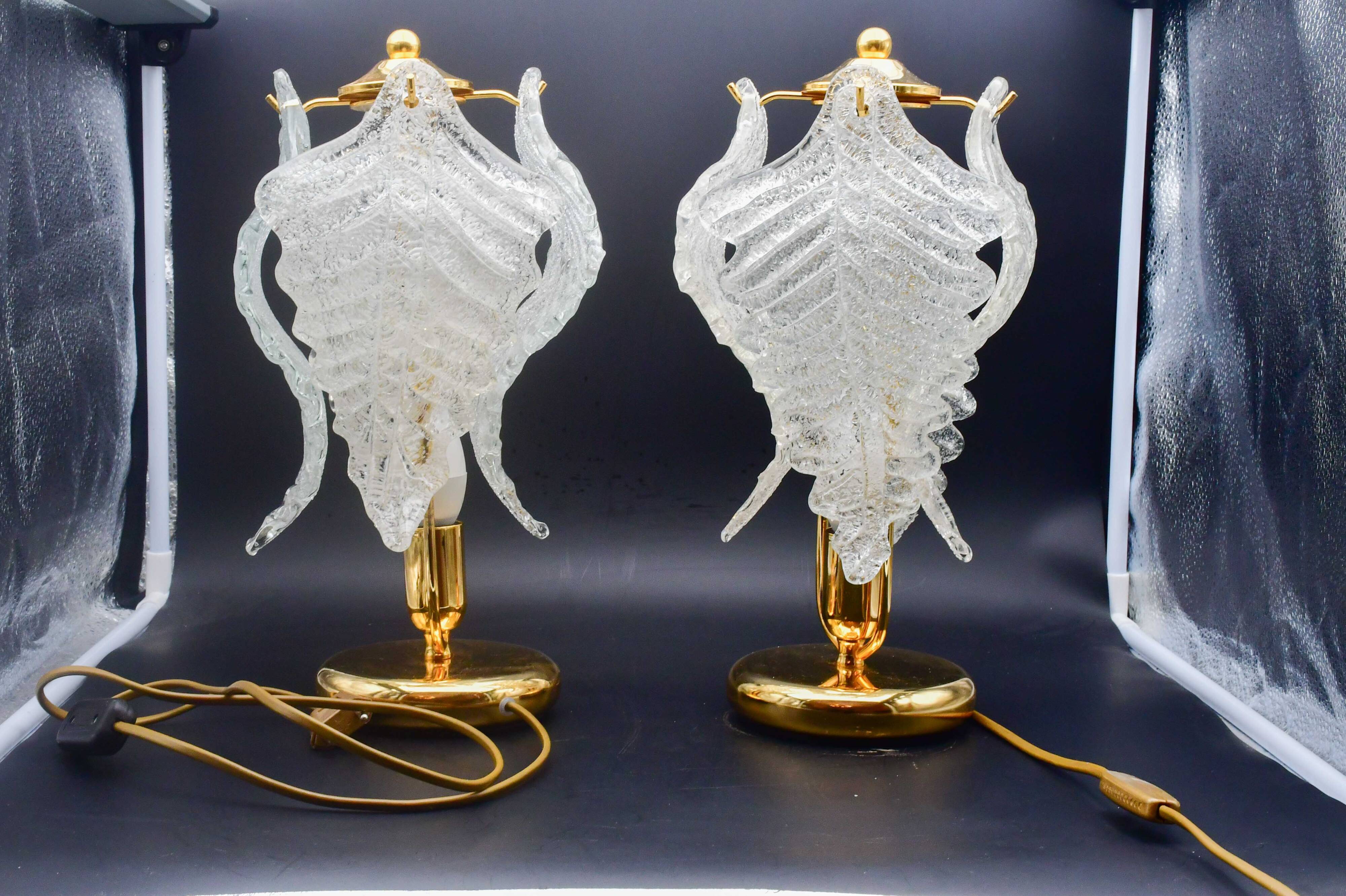 Set of 2 Murano glass table lamps transparent leaves