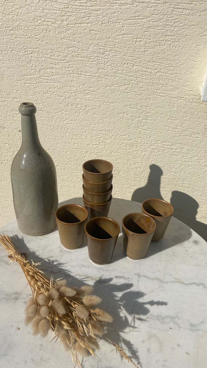 Set of 8 cups in glazed stoneware vintage Digoin 1970