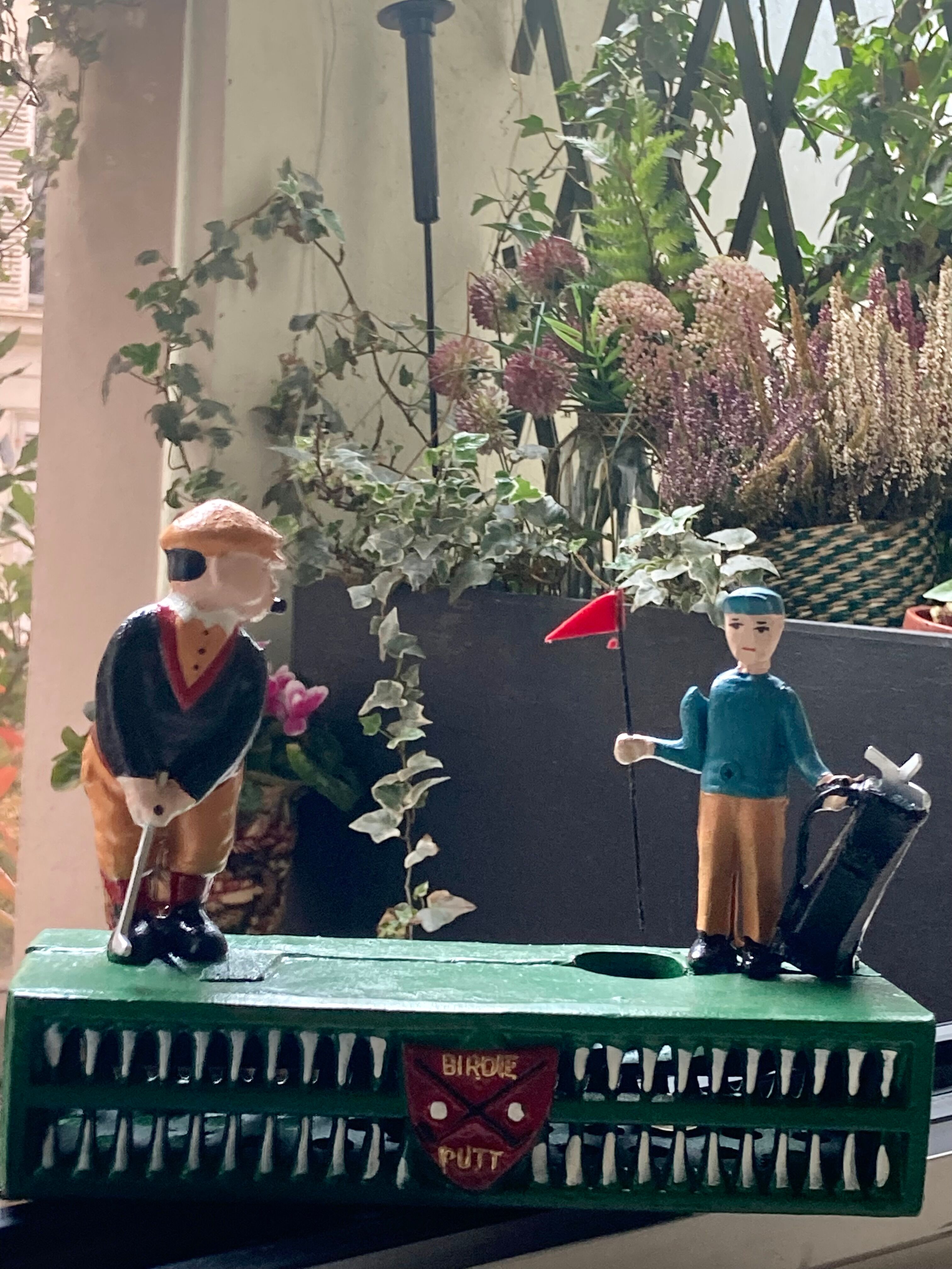 Mechanical piggy bank - golfers - vintage