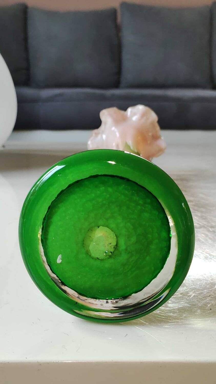 Large Floral Shaped Vase/Ruffled Neck. Blown/opaline art glass. Green/orange tones. Height 39.5 cm