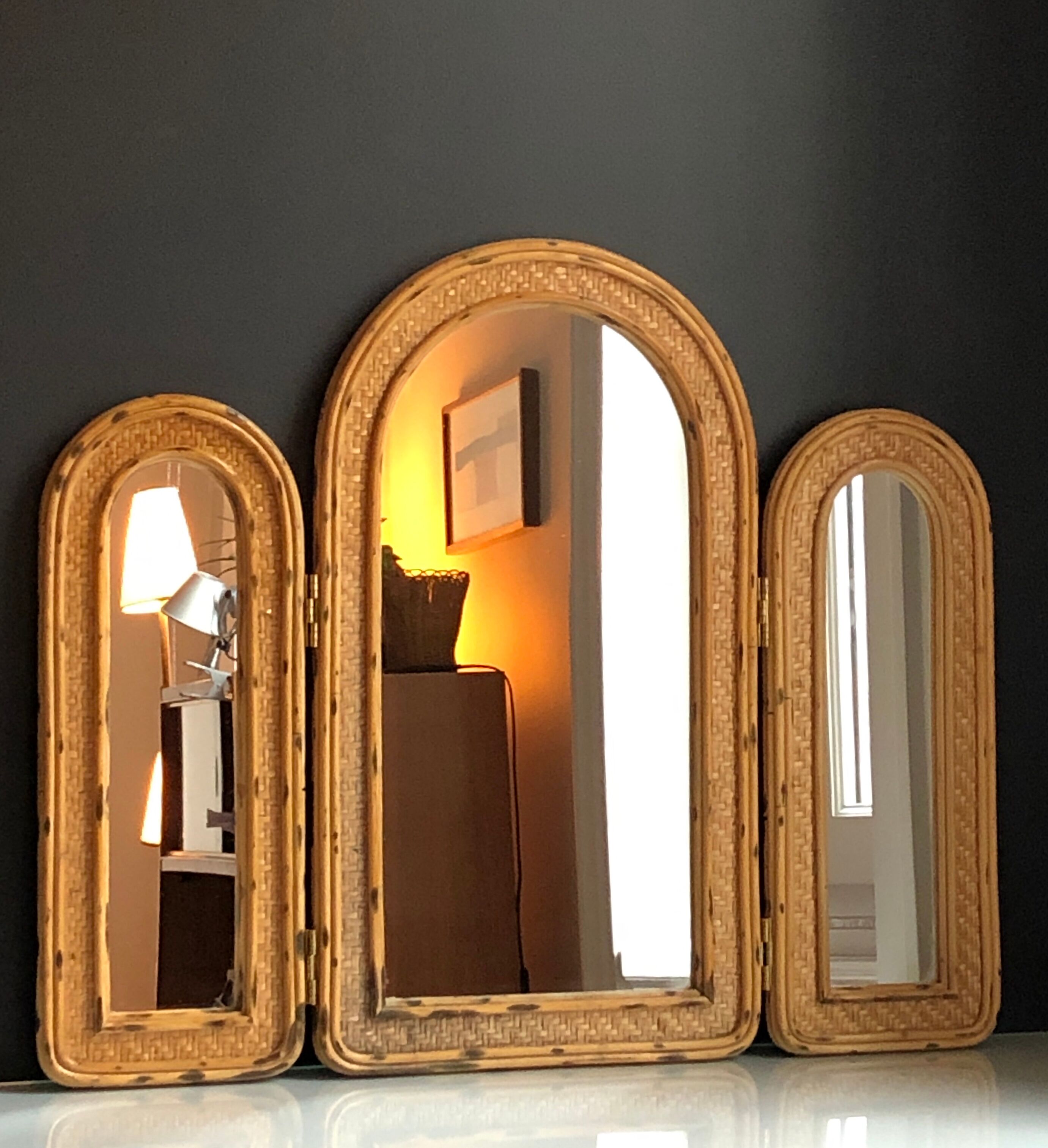 Triptych rattan mirror 85x70cm