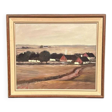 Huile sur toile originale suédoise - "Paysage avec fermes" par B. Jernberg - Signé - Vintage et encadré - 54 × 48 cm (21,3" × 18,9")