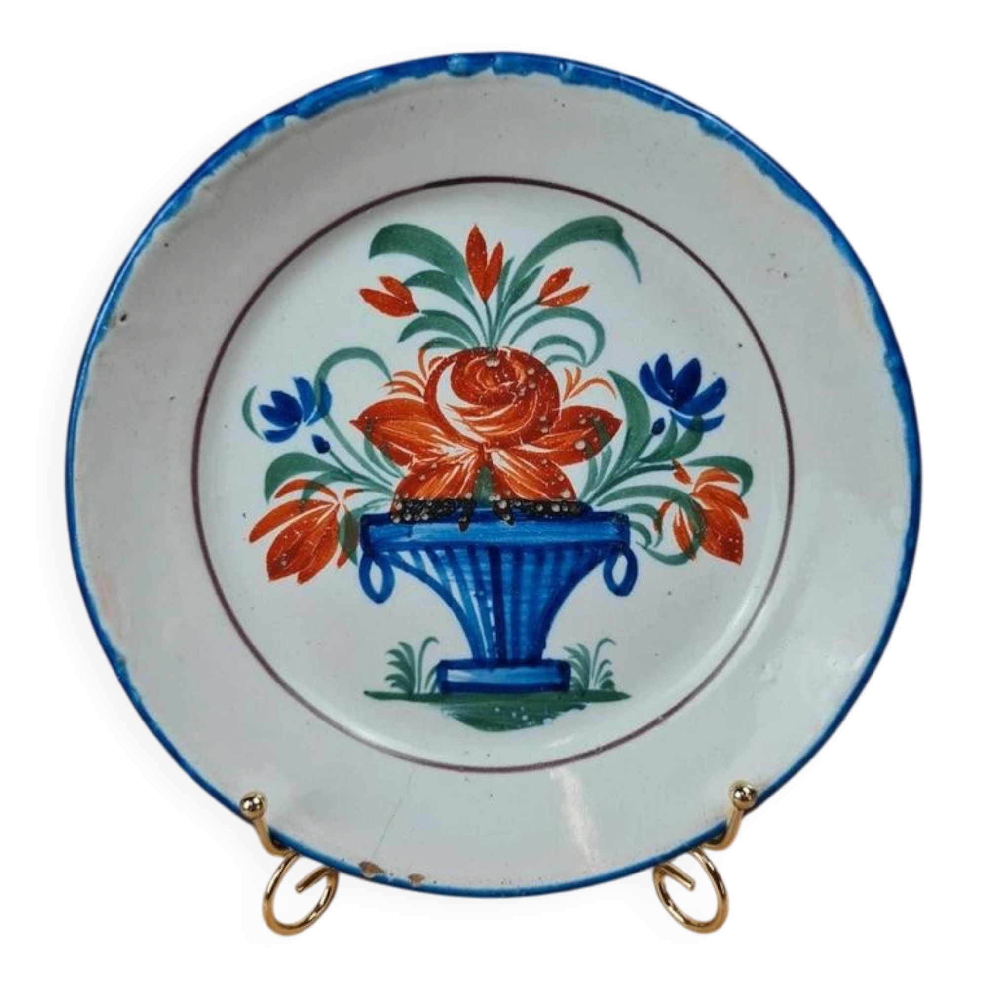 Antique hollow plate in earthenware 🌿 basket of flowers decoration, Rouen Desvres style
