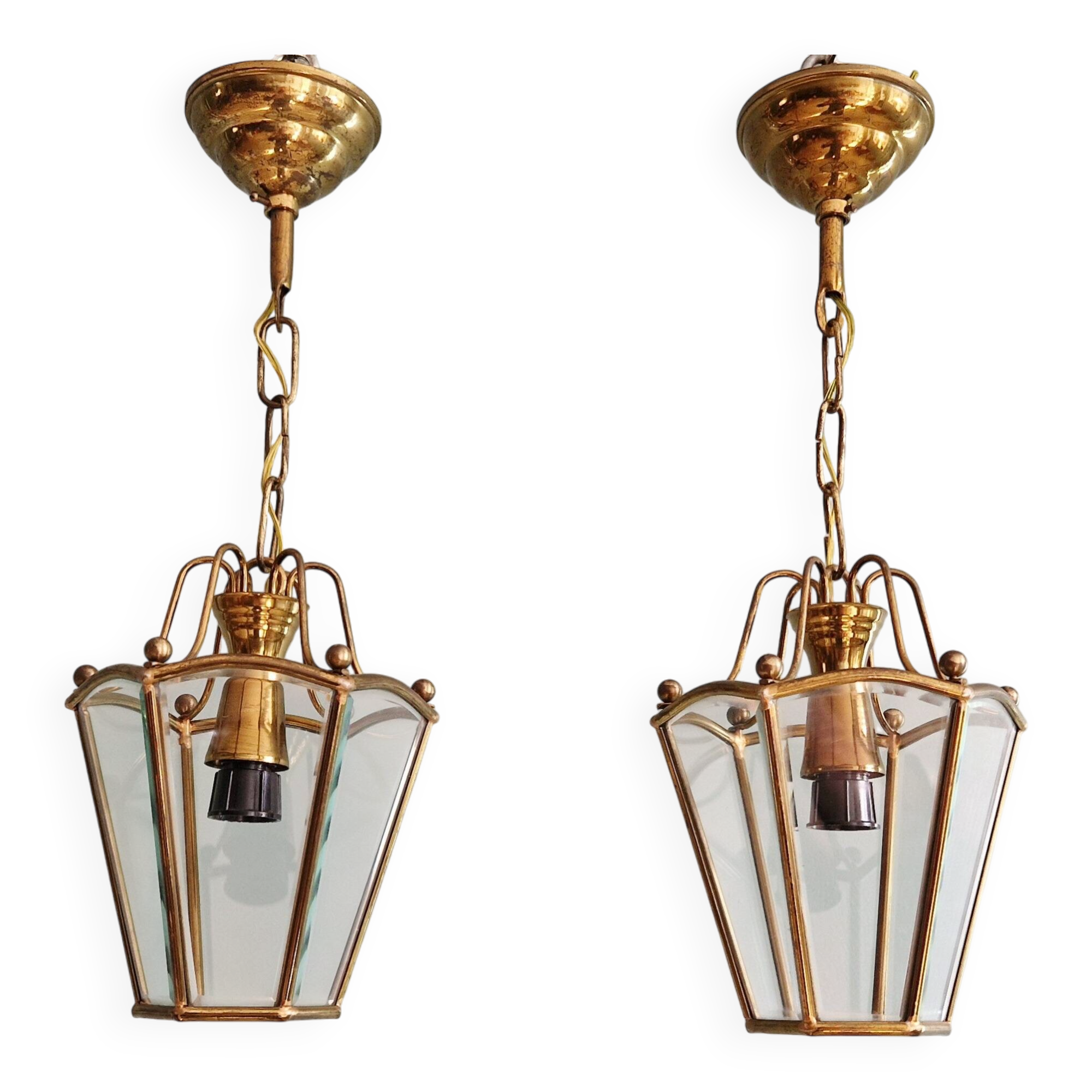 Pair of brass and bevelled glass pendant lights/lanterns, 1950-60.