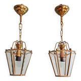 Pair of brass and bevelled glass pendant lights/lanterns, 1950-60.