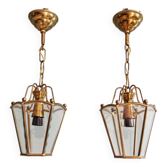 Pair of brass and bevelled glass pendant lights/lanterns, 1950-60.