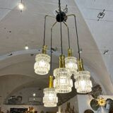 Lustre cascade à 5 feux, verre et laiton, années 60