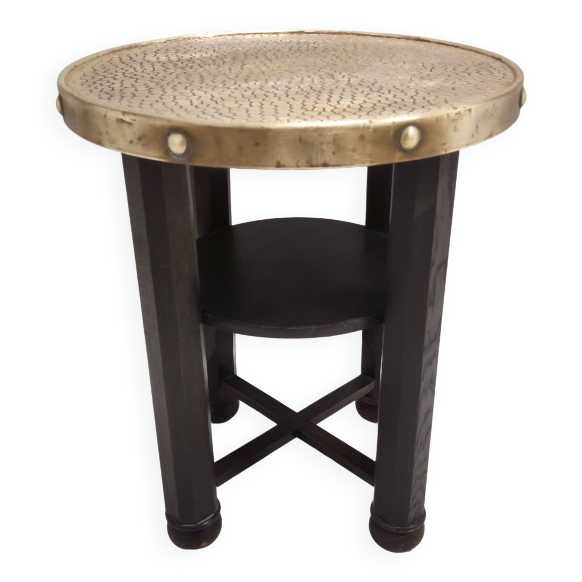 Secessionist Durmast Coffee Table with a Shelf and a Round Brass Top, Austria