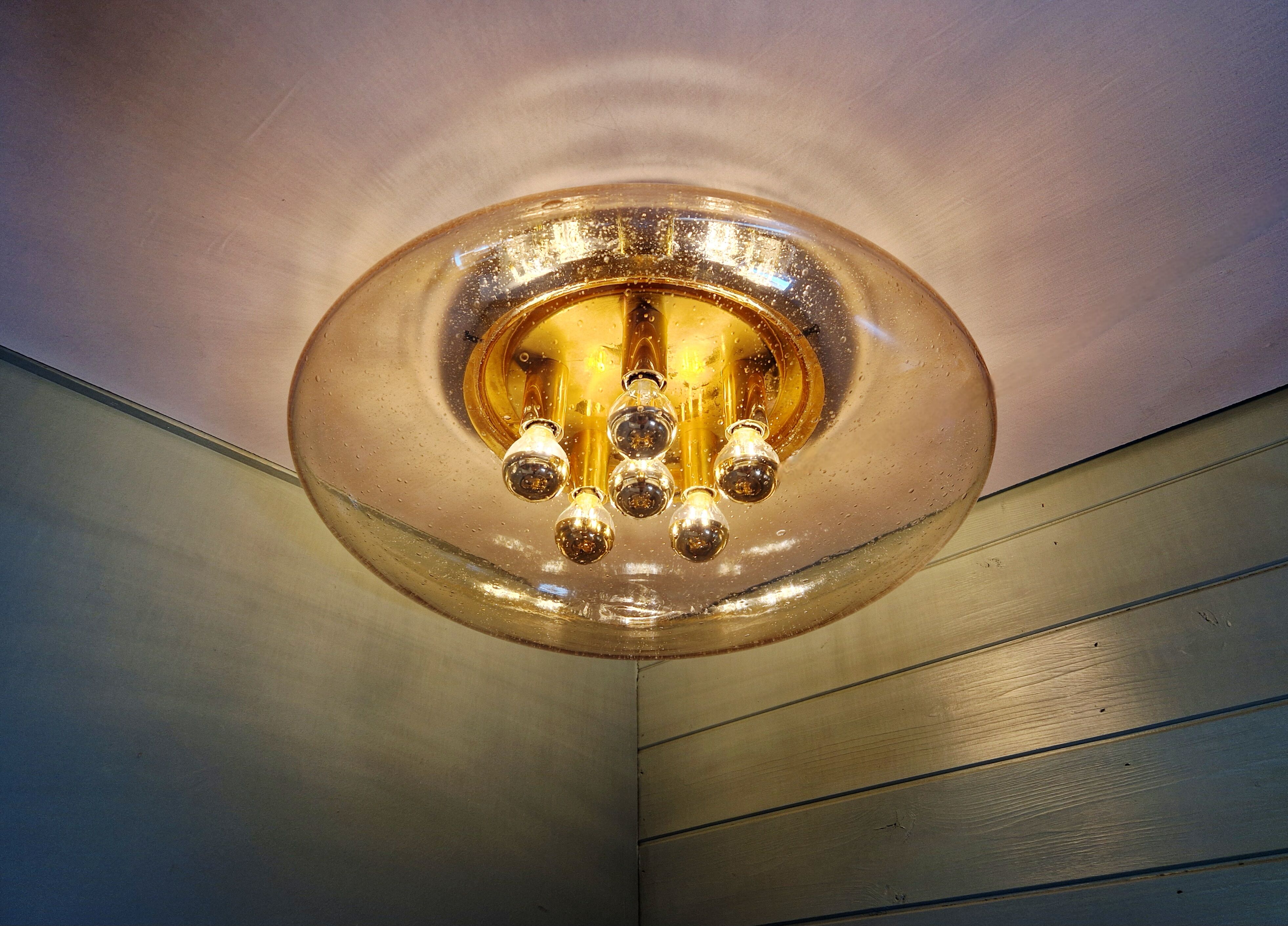 Large ceiling light in brass and blown bubble glass, Glasshütte Limburg, 1970.