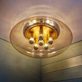 Large ceiling light in brass and blown bubble glass, Glasshütte Limburg, 1970.
