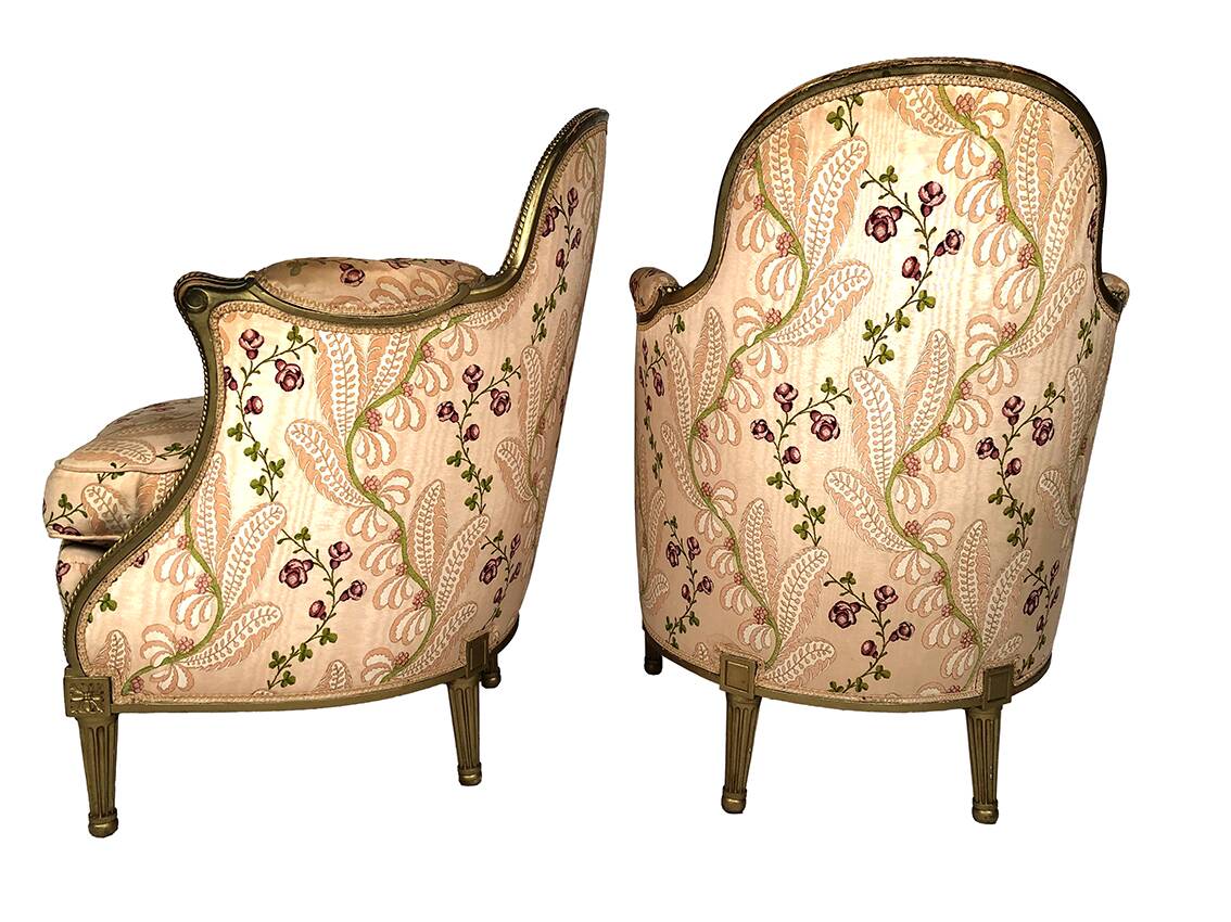 Pair of gilded wood chairs trimmed with silk with flower motifs, art deco inspired by Louis XVI