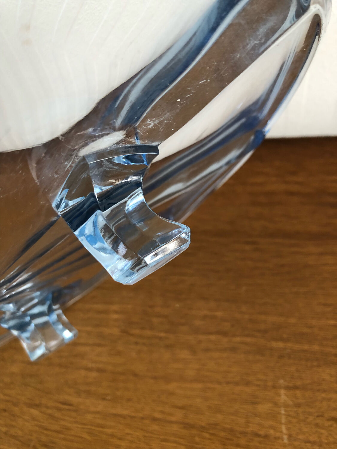 Blue transparent glass pie dish on vintage stand